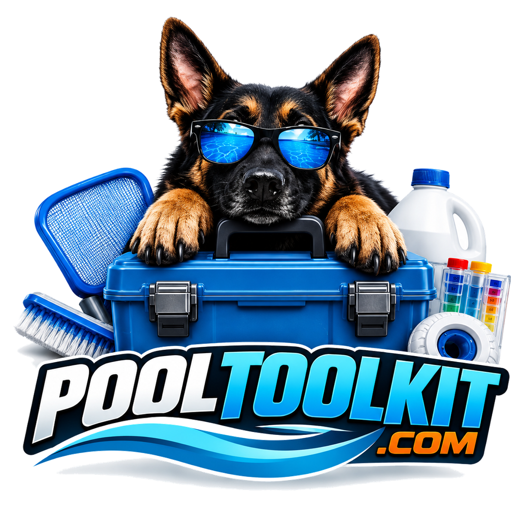 Ruger, the PoolToolkit German Shepherd mascot, leaning over a blue pool-tool box